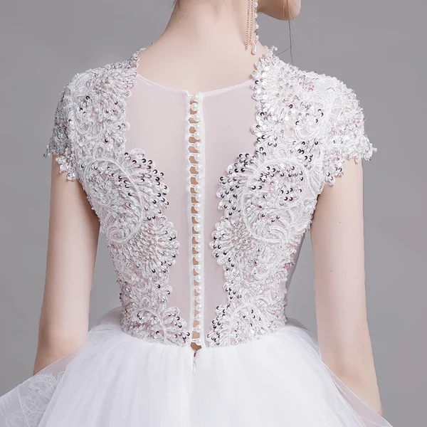 High End Weiß Brautkleider / Hochzeitskleider 2019 A Linie Rundhalsausschnitt Handgefertigt Perlenstickerei Perle Spitze Blumen Pailletten Kurze Ärmel Fallende Rüsche Hof-Schleppe