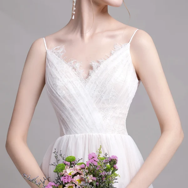 Chic / Belle Champagne Plage Robe De Mariée 2019 Princesse Bretelles Spaghetti En Dentelle Fleur Sans Manches Dos Nu Train De Balayage