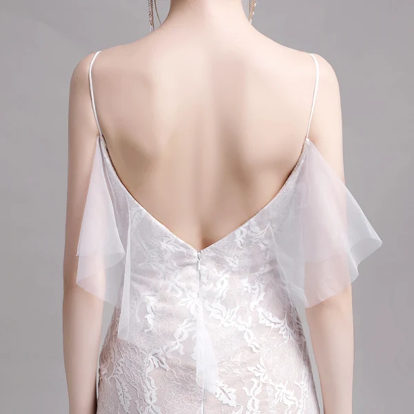 Charmant Champagne Plage Robe De Mariée 2019 Trompette / Sirène Bretelles Spaghetti En Dentelle Fleur Sans Manches Dos Nu Train De Balayage