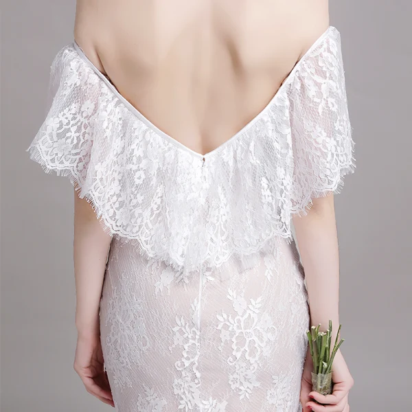 Chic / Belle Champagne Plage Robe De Mariée 2019 Trompette / Sirène De l'épaule En Dentelle Fleur Manches Courtes Dos Nu Train De Balayage