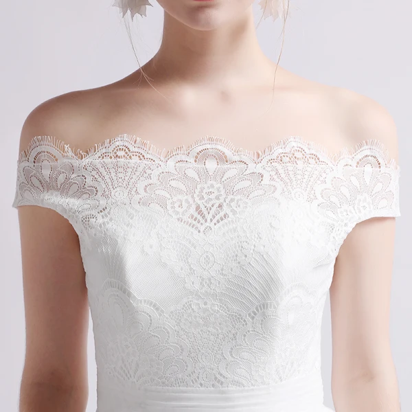 Edles Weiß Brautkleider / Hochzeitskleider 2019 A Linie Off Shoulder Perle Spitze Blumen Ärmellos Rückenfreies Sweep / Pinsel Zug