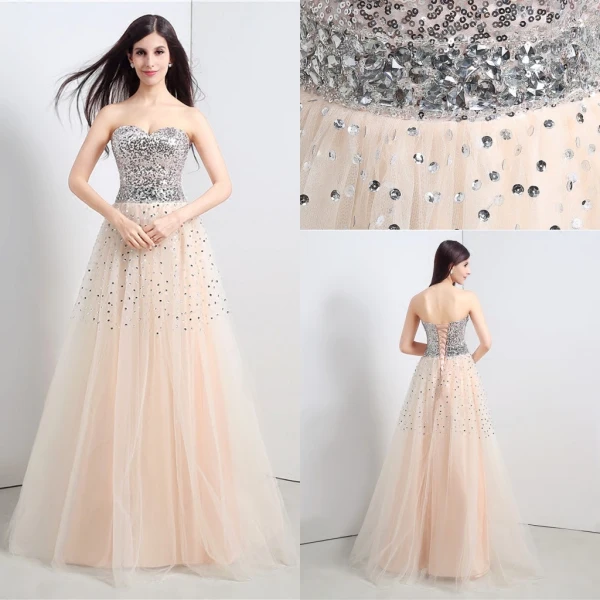 Sparkly Champagne Ballkjoler 2018 Prinsesse Beading Paljetter Krystall Kjæreste Ryggløse Uten Ermer Lange Formelle Kjoler