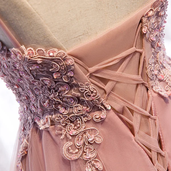 Chic / Belle Perle Rose Robe De Cocktail 2019 Princesse Bretelles Spaghetti Perlage Paillettes En Dentelle Fleur Sans Manches Dos Nu Asymétrique Robe De Ceremonie