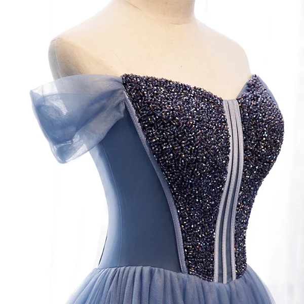 Edles Meeresblau Abendkleider 2019 A Linie Off Shoulder Perlenstickerei Kristall Ärmellos Rückenfreies Sweep / Pinsel Zug Festliche Kleider