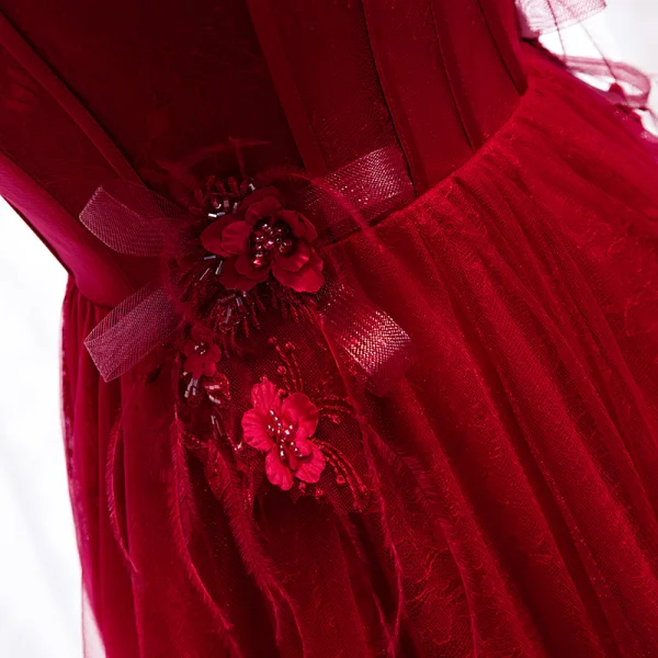 Chic / Beautiful Burgundy Evening Dresses 2019 A-Line / Princess Spaghetti Straps Beading Lace Flower Appliques Sleeveless Backless Floor-Length / Long Formal Dresses