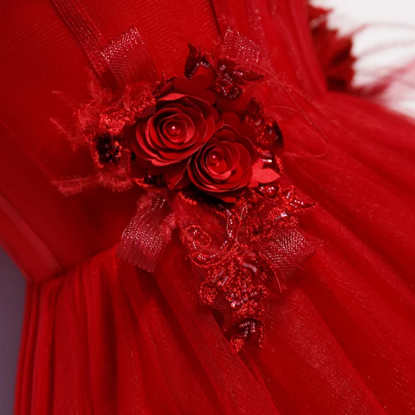 Chic Couleur Unie Rouge Robe De Soirée 2019 Princesse Bretelles Spaghetti Perlage En Dentelle Fleur Appliques Perle Sans Manches Dos Nu Longue Robe De Ceremonie