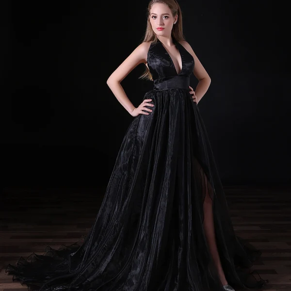 Sexy Black Evening Dresses 2018 A-Line / Princess V-Neck Halter Backless Sleeveless Court Train Formal Dresses