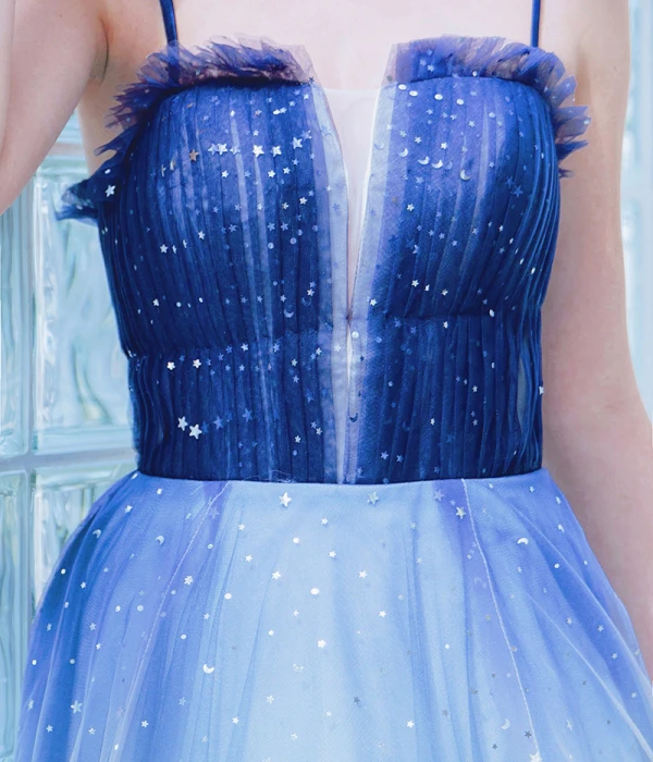 Modern / Fashion Ocean Blue Evening Dresses  2019 A-Line / Princess Spaghetti Straps Star Sequins Sleeveless Backless Floor-Length / Long Formal Dresses