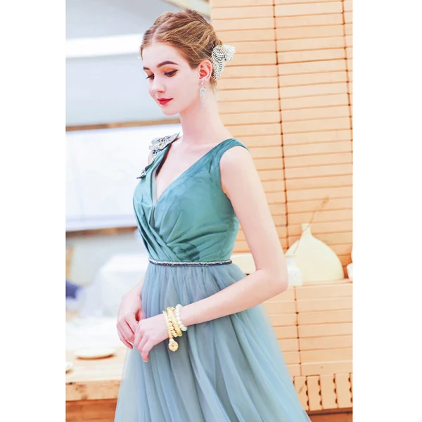 Chic / Beautiful Jade Green Evening Dresses 2019 A-Line / Princess Suede V-Neck Rhinestone Sleeveless Backless Floor-Length / Long Formal Dresses