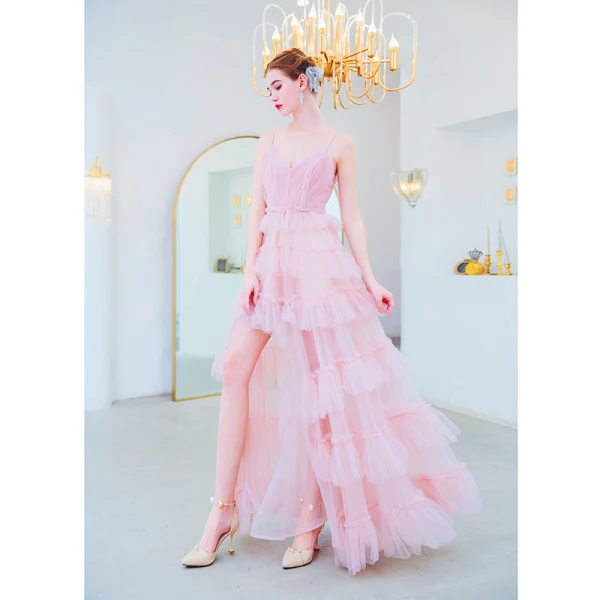 Chic / Belle Rose Bonbon Robe De Soirée 2019 Princesse Bretelles Spaghetti Sans Manches Dos Nu Volants en Cascade Longue Robe De Ceremonie