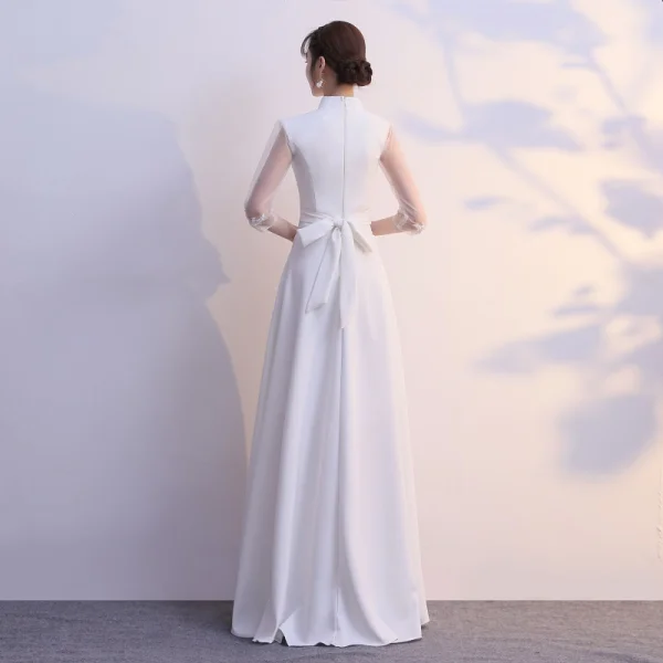 Classy Burgundy Evening Dresses 2019 A-Line / Princess High Neck Bow Lace Flower 1/2 Sleeves Floor-Length / Long Formal Dresses