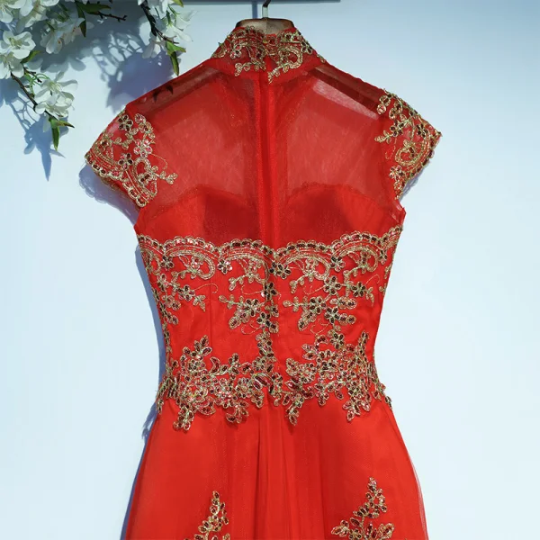 Chic / Beautiful Red Formal Dresses Evening Dresses 2017 Lace Flower Sequins Short Sleeve High Neck Floor-Length / Long A-Line / Princess