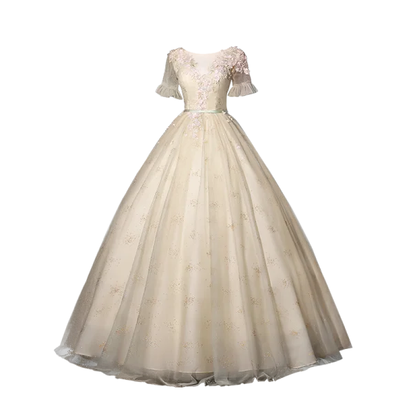 Élégant Conte de fée Champagne Robe De Bal 2020 Robe Boule Encolure Dégagée Faux Diamant En Dentelle Fleur Appliques Manches Courtes Dos Nu Longue Robe De Ceremonie