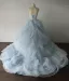 Elegante Himmelblau Ballkleider 2018 Ballkleid Mit Spitze Applikationen Bandeau Rückenfreies Fallende Rüsche Ärmellos Kapelle-Schleppe Festliche Kleider