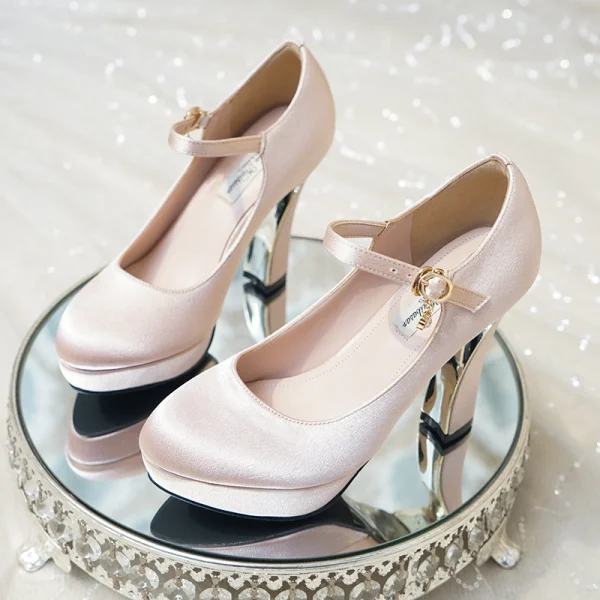 Vintage / Retro Champagne Wedding Shoes 2019 Buckle 11 cm Stiletto Heels Round Toe Wedding Pumps