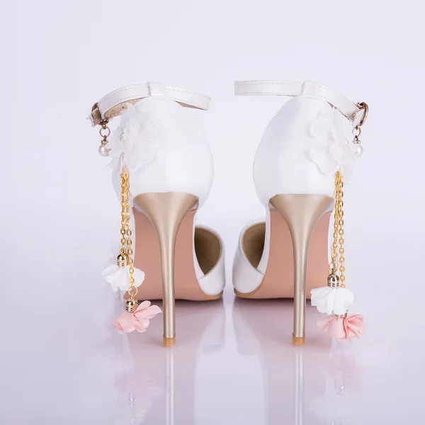 Chic / Beautiful White Wedding Shoes 2019 Pearl Ankle Strap Appliques 9 cm Pointed Toe Stiletto Heels Wedding High Heels