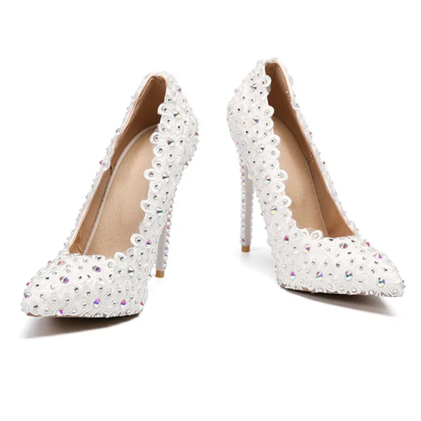 Chic / Beautiful Ivory Wedding Shoes 2019 Rhinestone Lace Flower 11 cm Stiletto Heels Pointed Toe Wedding Pumps