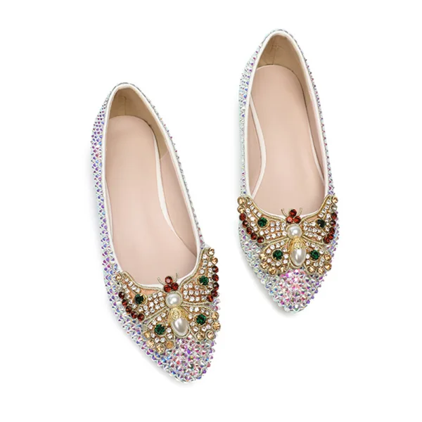 Chic / Beautiful Multi-Colors 2019 Rhinestone Pearl Butterfly Flat Pointed Toe Wedding Shoes