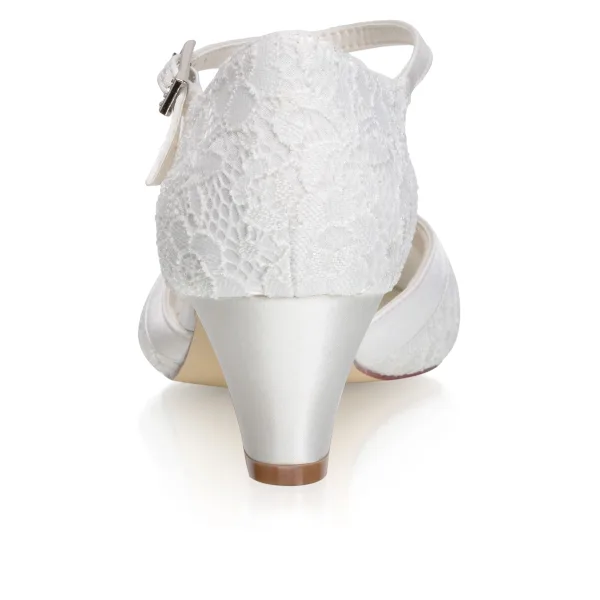 Simple Ivoire En Dentelle Satin Chaussure De Mariée 2021 5 cm Talons Épais À Bout Rond Mariage Talons Hauts