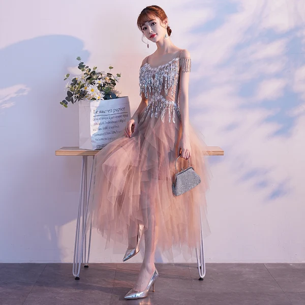 Modern / Fashion Champagne Evening Dresses 2019 A-Line / Princess Spaghetti Straps Lace Flower Sequins Tassel Sleeveless Ankle Length Formal Dresses