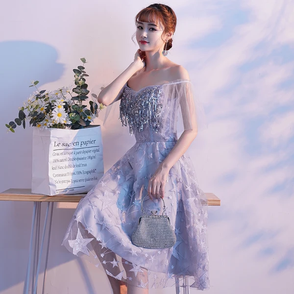 Charming Silver Party Dresses 2019 A-Line / Princess Off-The-Shoulder Star Lace Sequins T-Strap Short Sleeve Backless Knee-Length Formal Dresses Charming Silver Party Dresses 2019 A-Line / Princess Off-The-Shoulder Star Lace Sequins T-Strap Short Sleeve Backless Knee-Length Formal Dresses