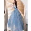 Chic / Beautiful Sky Blue Evening Dresses  2019 A-Line / Princess Sleeveless Beading Lace Flower Appliques Spaghetti Straps Backless Floor-Length / Long Formal Dresses