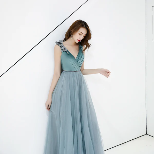 Chic / Beautiful Jade Green Evening Dresses 2019 A-Line / Princess Suede V-Neck Lace Flower Sleeveless Backless Floor-Length / Long Formal Dresses