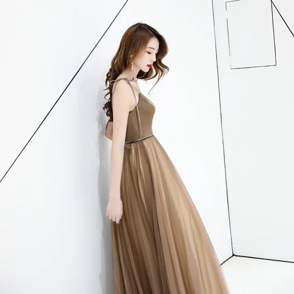 Chic / Belle Marron Robe De Soirée 2019 Princesse Bretelles Spaghetti Sans Manches Dos Nu Longue Robe De Ceremonie