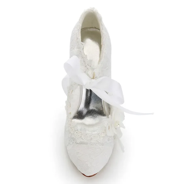 Eleganta Elfenben Satin Brudskor 2021 Rosett Pärla Spets Blomma 8 cm Stilettklackar Spetsiga Bröllop Pumps Högklackade