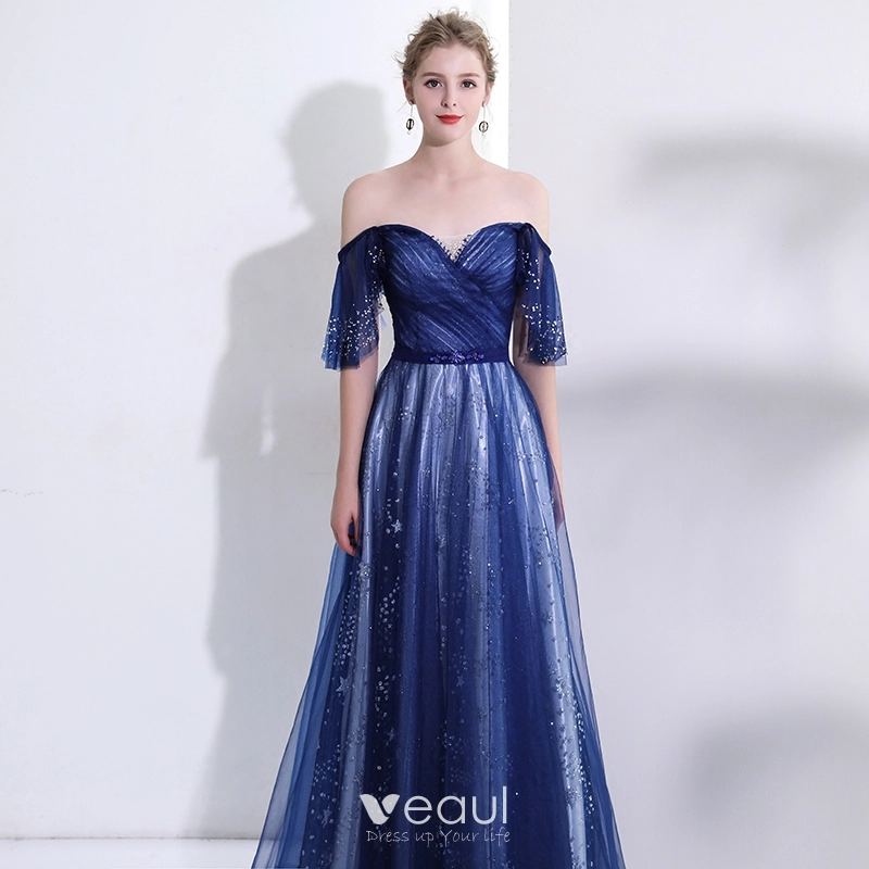 Elegant Royal Blue Evening Dresses 2018 A-Line / Princess Crystal ...