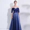 Elegant Kongeblå Selskapskjoler 2018 Prinsesse Krystall Rhinestone Paljetter Stjerne Kjæreste Ryggløse Korte Ermer Lange Formelle Kjoler