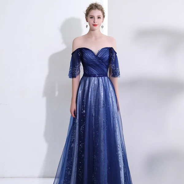 Elegant Kongeblå Selskapskjoler 2018 Prinsesse Krystall Rhinestone Paljetter Stjerne Kjæreste Ryggløse Korte Ermer Lange Formelle Kjoler