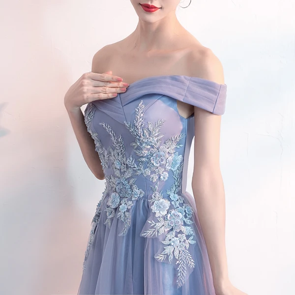Charmant Lavande Robe De Soirée 2019 Princesse De l'épaule Perlage Perle En Dentelle Fleur Manches Courtes Dos Nu Longue Robe De Ceremonie