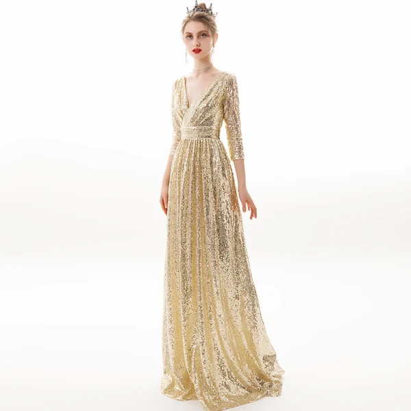 Sparkly Champagne Evening Dresses 2019 A-Line / Princess V-Neck Sequins 3/4 Sleeve Backless Floor-Length / Long Formal Dresses