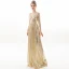 Sparkly Champagne Evening Dresses  2019 A-Line / Princess V-Neck Sequins 3/4 Sleeve Backless Floor-Length / Long Formal Dresses