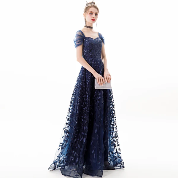 Elegancka Granatowe Sukienki Wieczorowe 2019 Princessa Kwadratowy Dekolt Cekiny Z Koronki Kwiat Kótkie Rękawy Bez Pleców Długie Sukienki Wizytowe