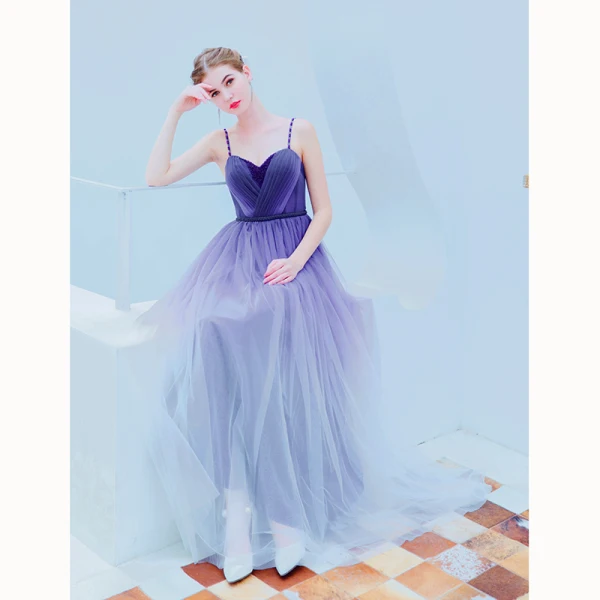 Charmant Violett Farbverlauf Abendkleider 2019 A Linie Spaghettiträger Perlenstickerei Kristall Ärmellos Rückenfreies Lange Festliche Kleider