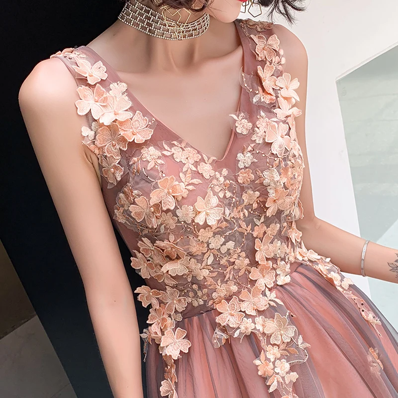 navy blue dress for baby girl A-line Princess V Neck Sleeveless Tulle Prom Dress with Appliqued Beading  Glitter S7680P - Prom Dresses