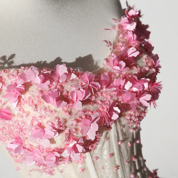 Chic / Belle Rose Bonbon Robe De Bal 2019 Princesse De l'épaule Perlage Perle En Dentelle Fleur Appliques Manches Courtes Dos Nu Longue Robe De Ceremonie