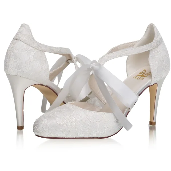 Elegant Ivory Satin Lace Wedding Shoes 2021 Bow 8 cm Stiletto Heels Pointed Toe Wedding High Heels