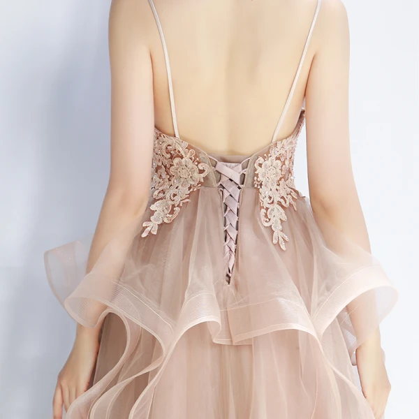 Chic / Belle Kaki Robe De Soirée 2019 Princesse Bretelles Spaghetti En Dentelle Fleur Sans Manches Dos Nu Volants en Cascade Longue Robe De Ceremonie