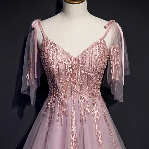 Charmant Rougissant Rose Robe De Soirée 2019 Princesse Bretelles Spaghetti Noeud Perlage En Dentelle Fleur Sans Manches Dos Nu Longue Robe De Ceremonie