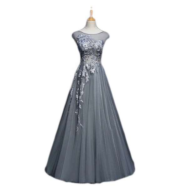 Chic Gris Robe De Soirée 2019 Princesse Encolure Dégagée Perlage Perle Paillettes En Dentelle Fleur Sans Manches Train De Balayage Robe De Ceremonie