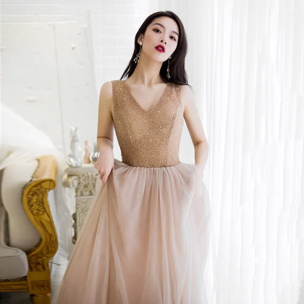 Charming Gold Evening Dresses  2019 A-Line / Princess V-Neck Beading Sequins Lace Flower Sleeveless Backless Floor-Length / Long Formal Dresses