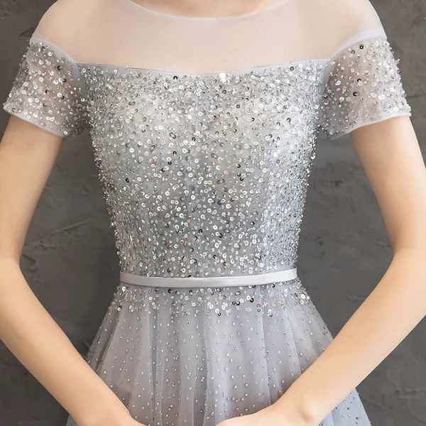 Sparkly Grey Evening Dresses 2019 A-Line / Princess Scoop Neck Beading Sequins Sash Short Sleeve Floor-Length / Long Formal Dresses