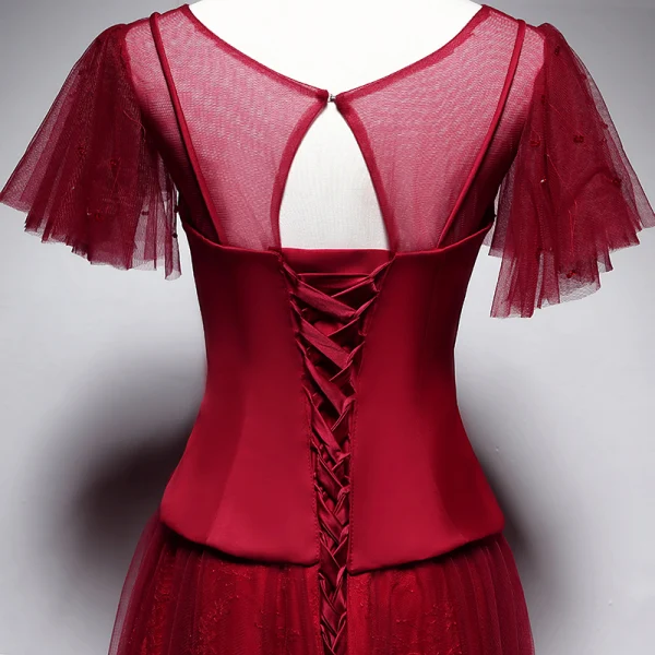Chic / Belle Bordeaux Robe De Soirée 2019 Princesse Encolure Dégagée Manches Courtes Dos Nu Longue Robe De Ceremonie