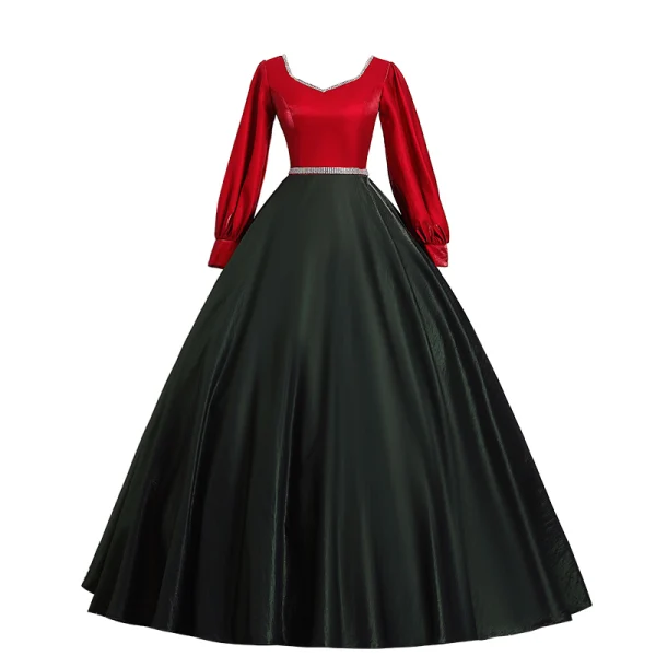 Vintage / Retro Black Red Prom Dresses 2019 Ball Gown V-Neck Rhinestone Sash Long Sleeve Floor-Length / Long Formal Dresses