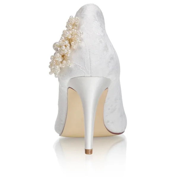 Eleganta Elfenben Satin Spets Pärla Brudskor 2021 8 cm Stilettklackar Spetsiga Bröllop Pumps Högklackade