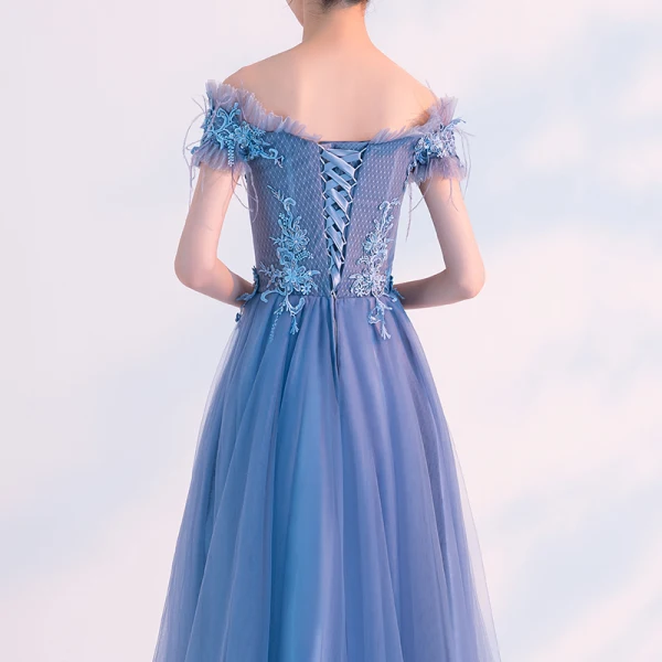 Chic / Beautiful Sky Blue Evening Dresses 2019 A-Line / Princess Off-The-Shoulder Beading Pearl Lace Flower Short Sleeve Backless Floor-Length / Long Formal Dresses