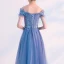 Chic / Beautiful Sky Blue Evening Dresses  2019 A-Line / Princess Off-The-Shoulder Beading Pearl Lace Flower Short Sleeve Backless Floor-Length / Long Formal Dresses